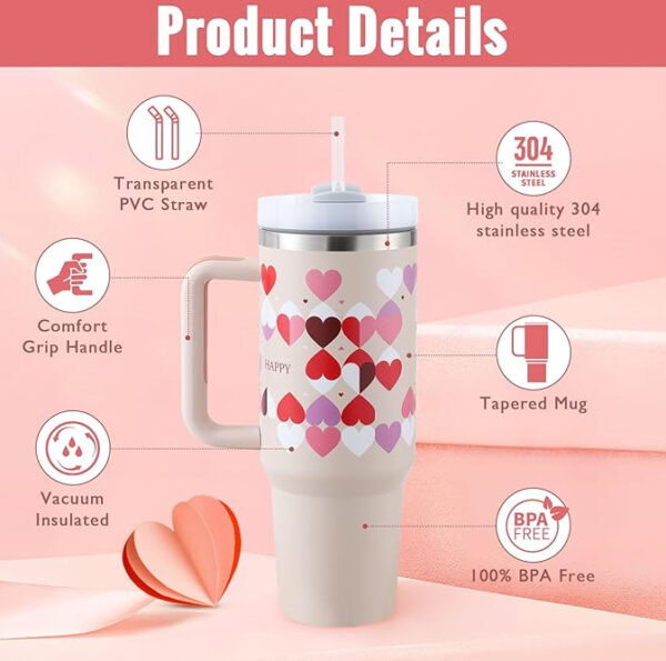 40 Oz Tumbler With Handle Straw Insulated, Stainless Steel Spill Proof Vacuum Coffee Cup Tumbler With Lid Tapered Mug Gifts For Valentine Lover Suitable For Car Gym Office Travel - Image 6